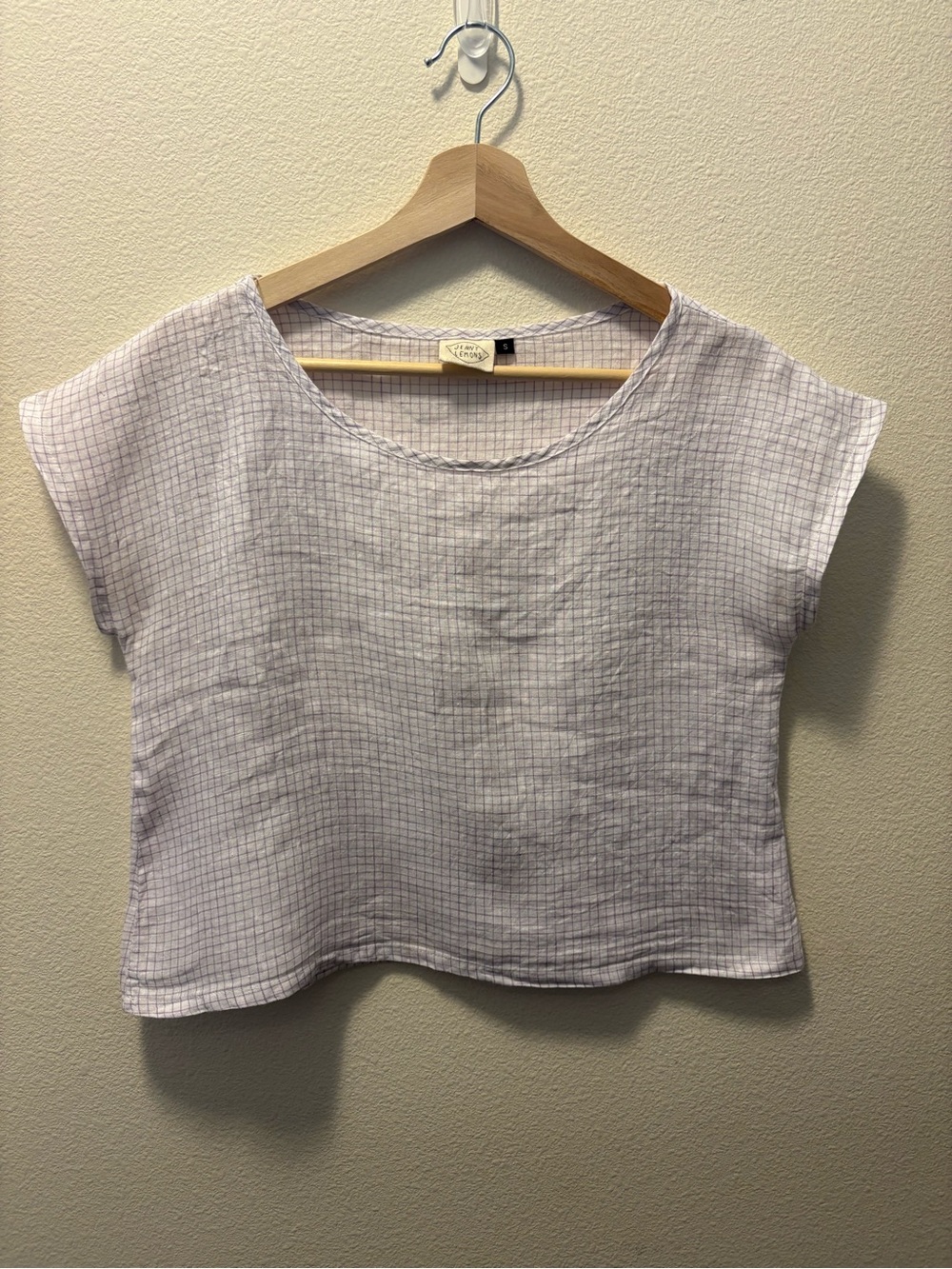 Boxy Light Lavender Check Crop Top - Linen-Blend Jenny Lemons